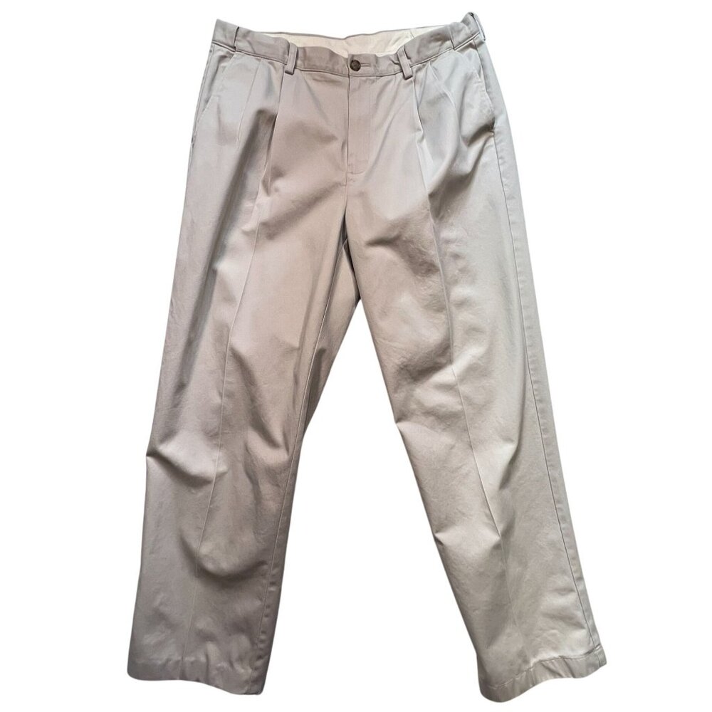 L.L. Bean Men Pleated Chino Pants 36x32 Beige Comfort Waist Classic Fit Straight
